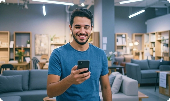 Homem olhando para o celular verificando seu crédito aprovado