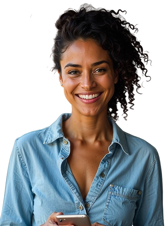 Mulher sorrindo com celular na mão