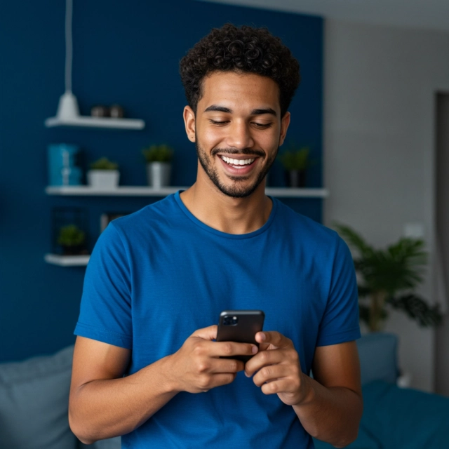 Homem sorrindo enquanto usa o celular para solicitar crédito